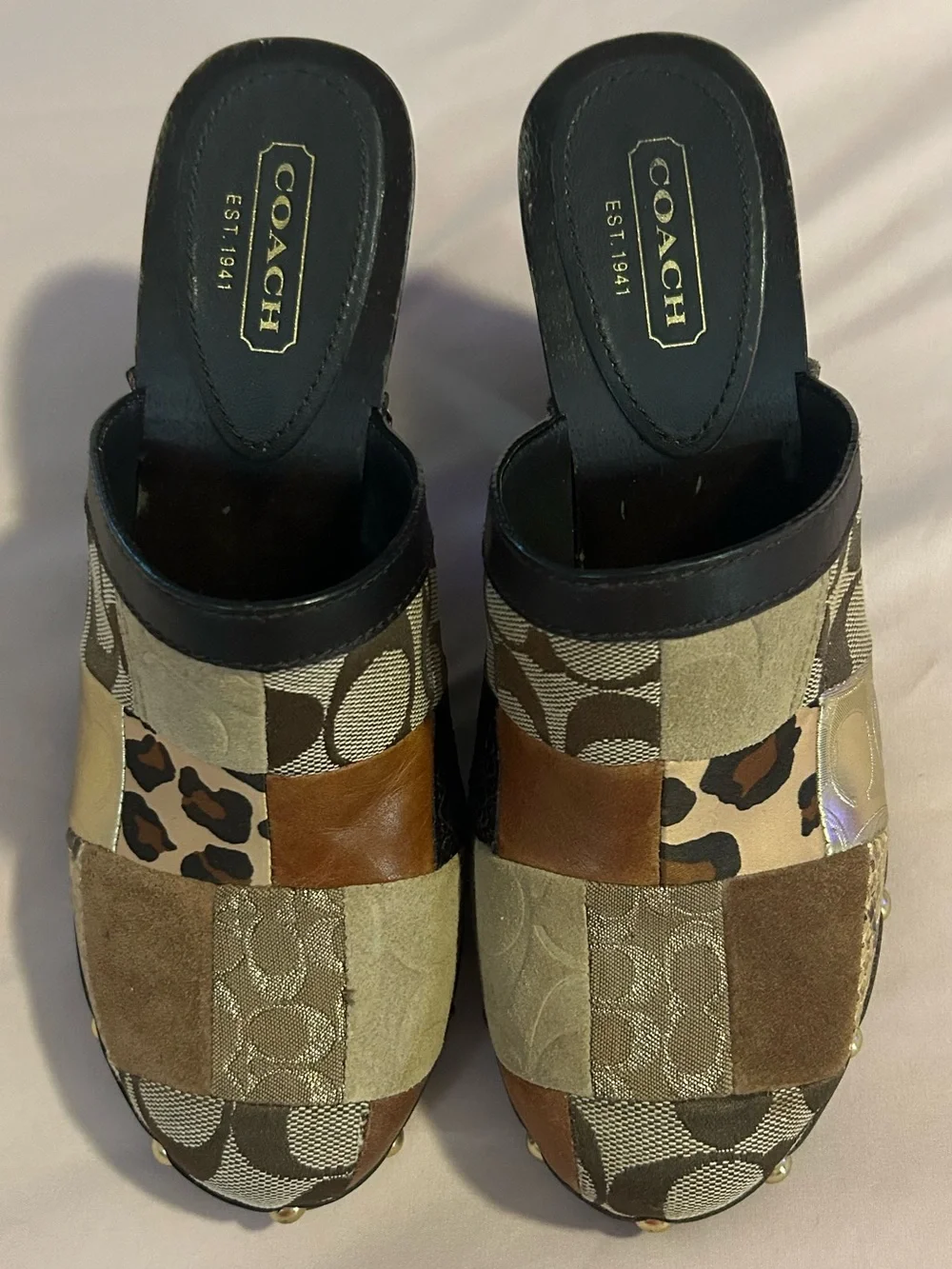 Coach Patchwork Patch Clog Mules in Brown and Tan Multi